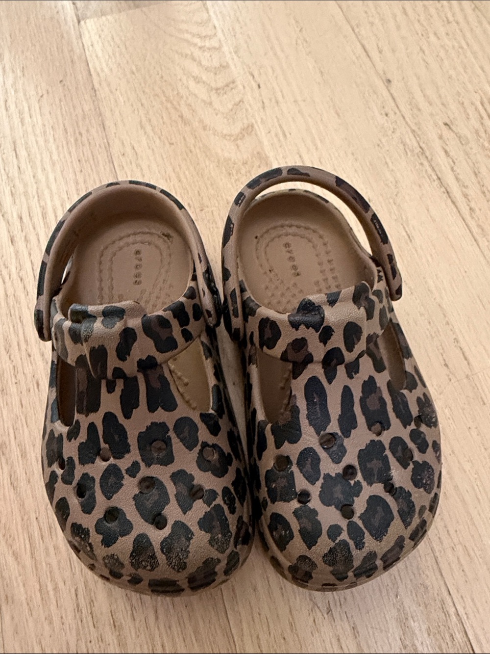 Croc Mary Jane’s Kids Leopard Print Closed-Toe Sandals in Tan and Black
